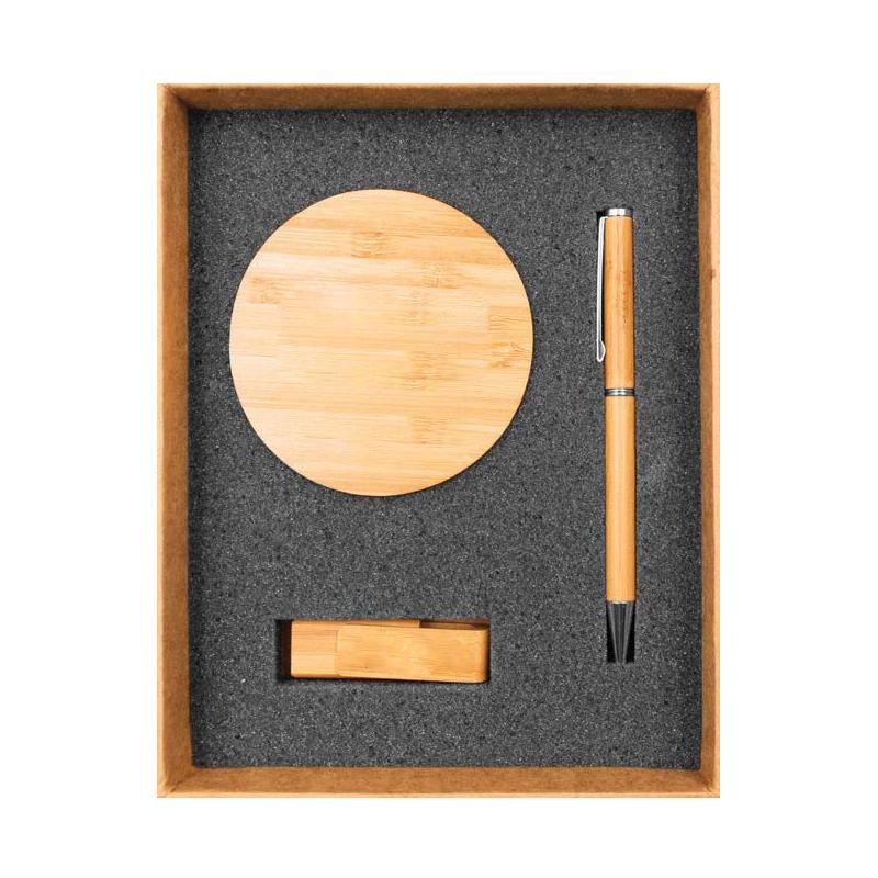 WGS-23- Natural Cardboard Gift Box With Bamboo Wireless Charger, Bamboo USB Flash Drive & Pen